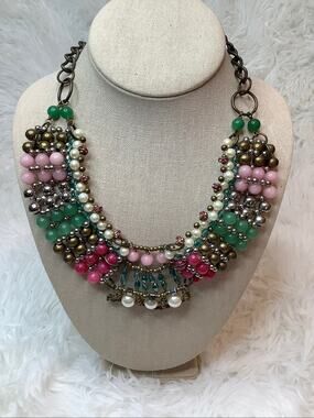 Anthropologie Pam Hiran Pink Green Beaded Bib Statement Necklace Boho A4-3